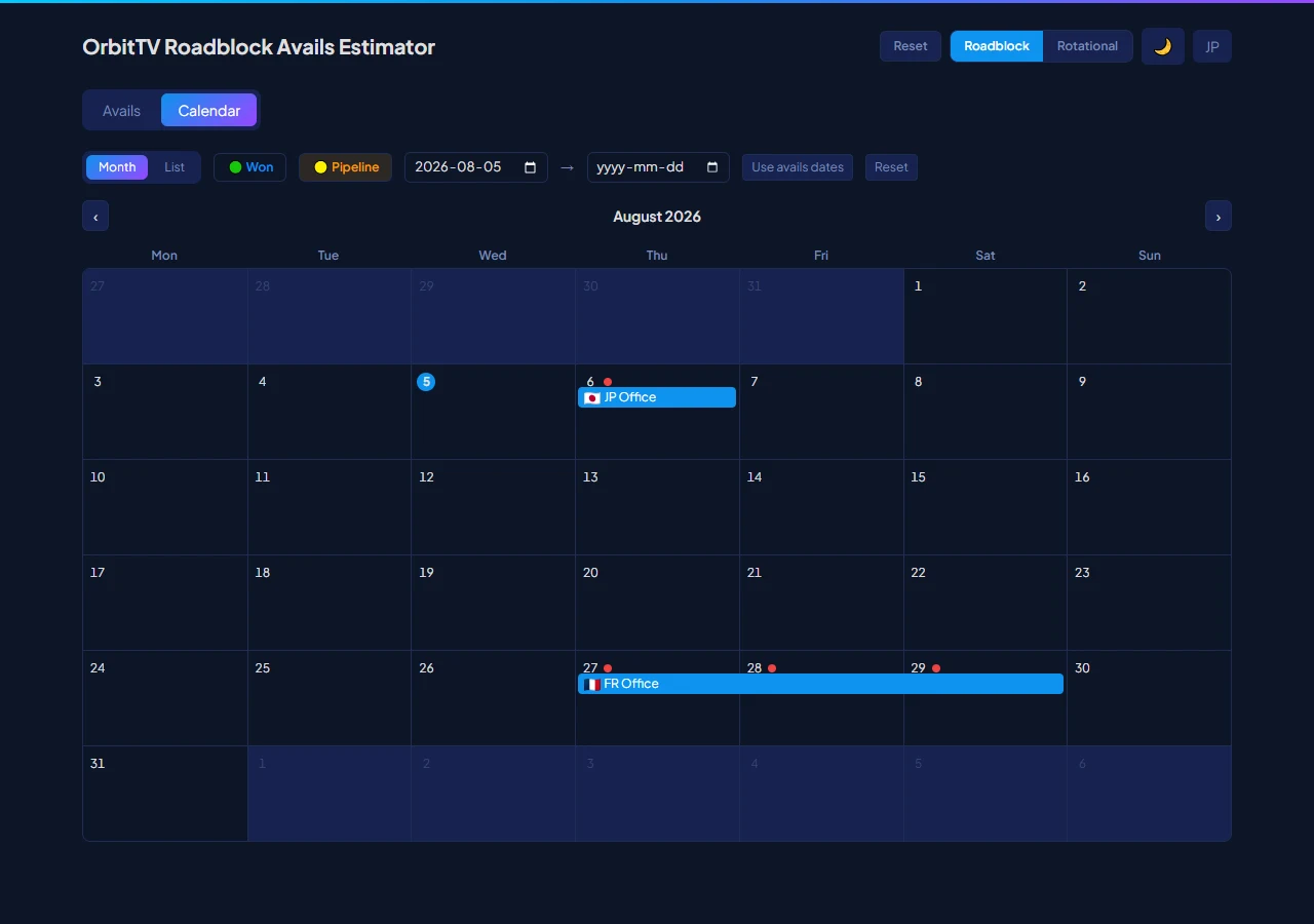 Calendar view showing existing won and pipeline bookings across the
month